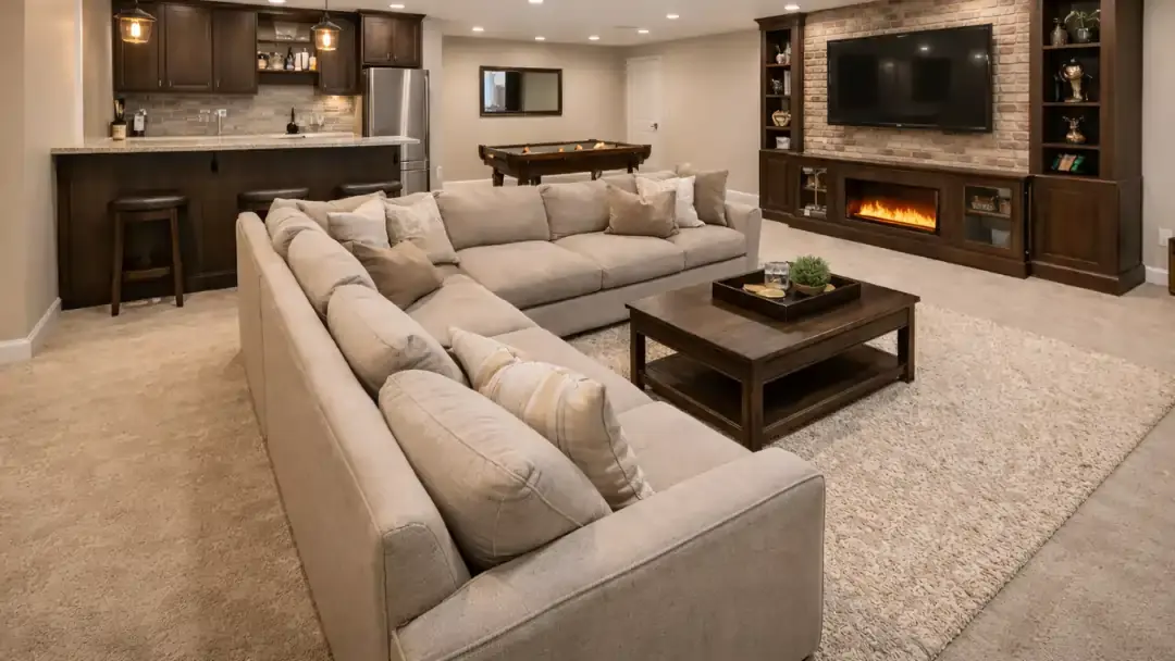 Finished basement remodel with sectional sofa, custom entertainment wall, built in fireplace, and wet bar