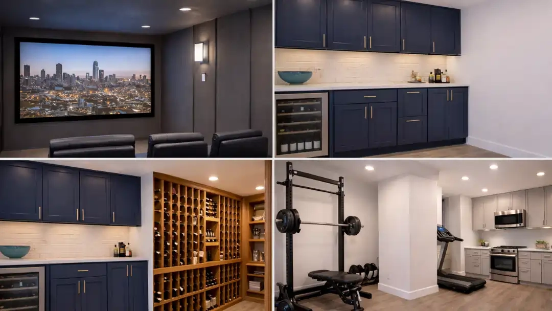 Finished basement featuring a home theater, built in bar cabinets, wine storage wall, and compact home gym area
