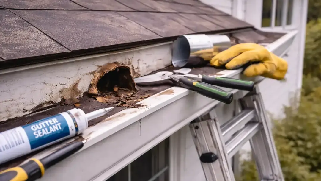 Damaged residential gutter with visible crack before repair