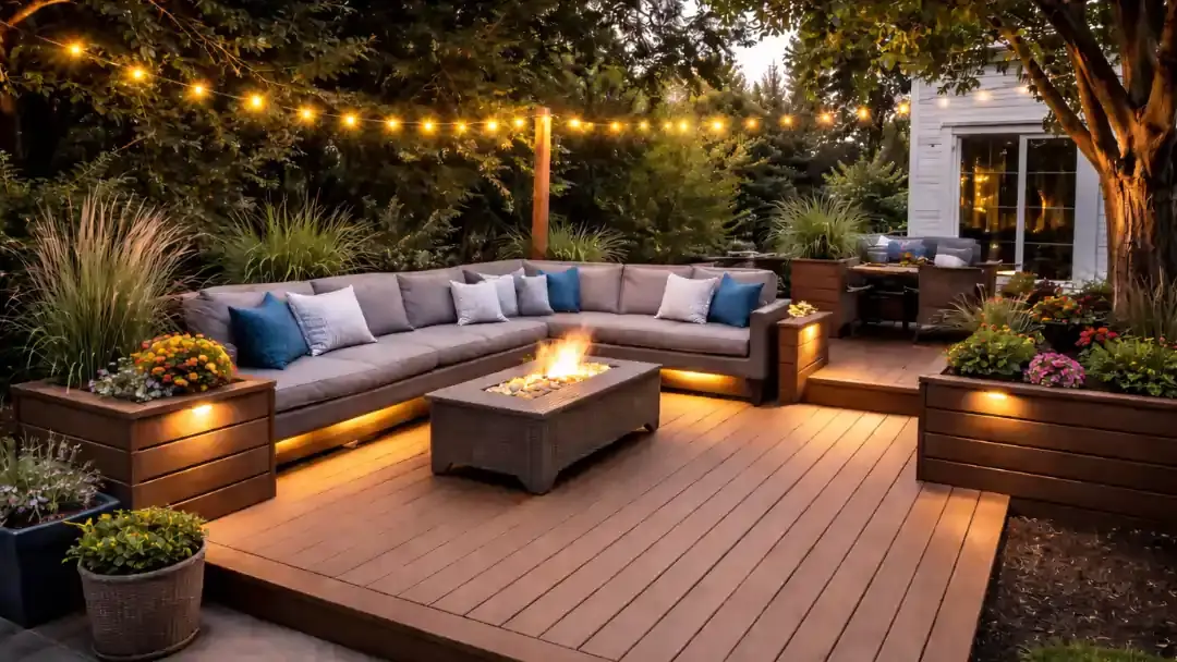 Built-in deck seating with overhead string lighting