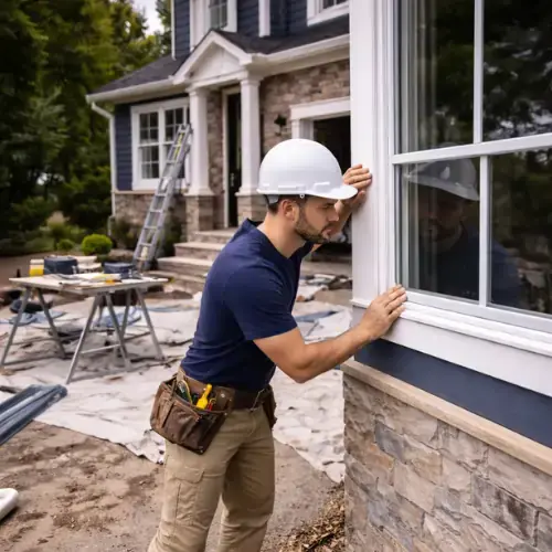 Contractor checking the fit and alignment of a newly installed exterior window during a home renovation project
