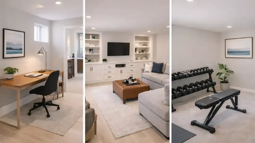 Custom basement design in San Francisco featuring a home office, media lounge, and compact gym layout with recessed lighting