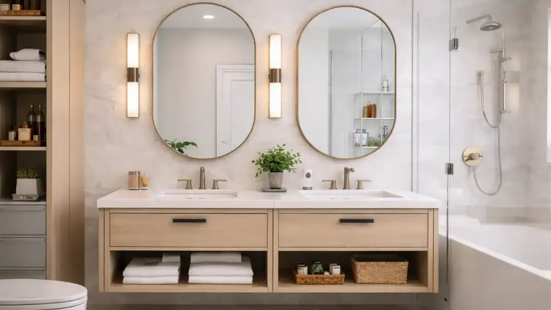 Modern custom bathroom design in San Francisco with double vanity, oval mirrors, wall sconces, and glass shower enclosure