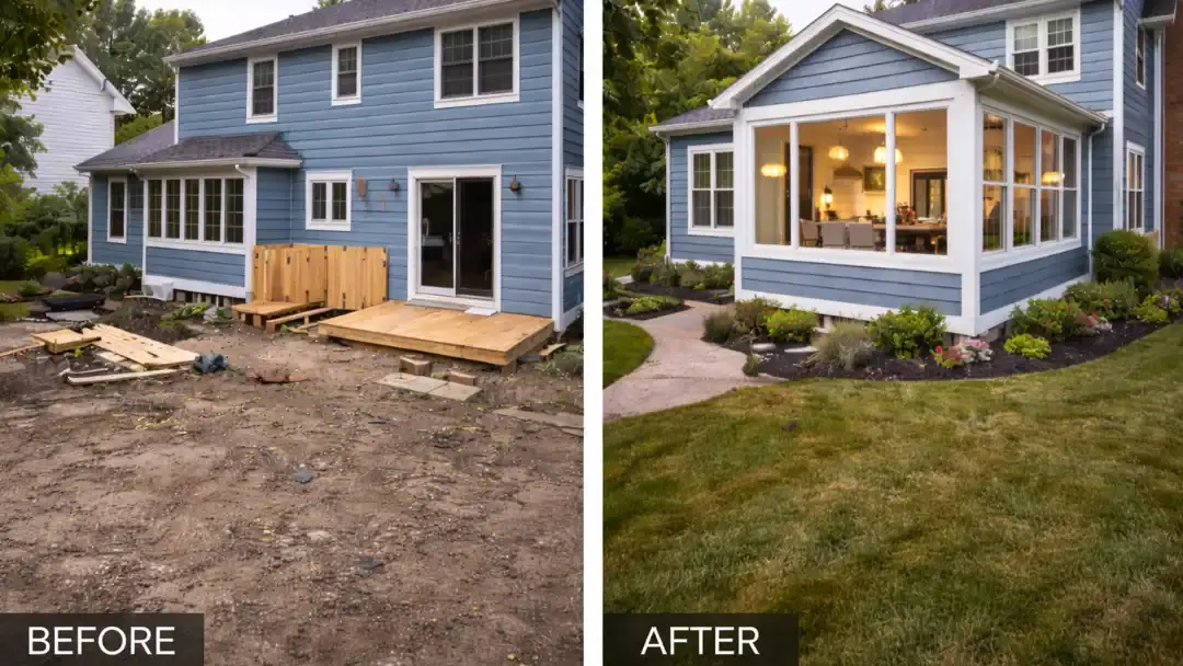Before and after view of a custom home addition in san francisco with new sunroom, updated siding, and landscaped backyard