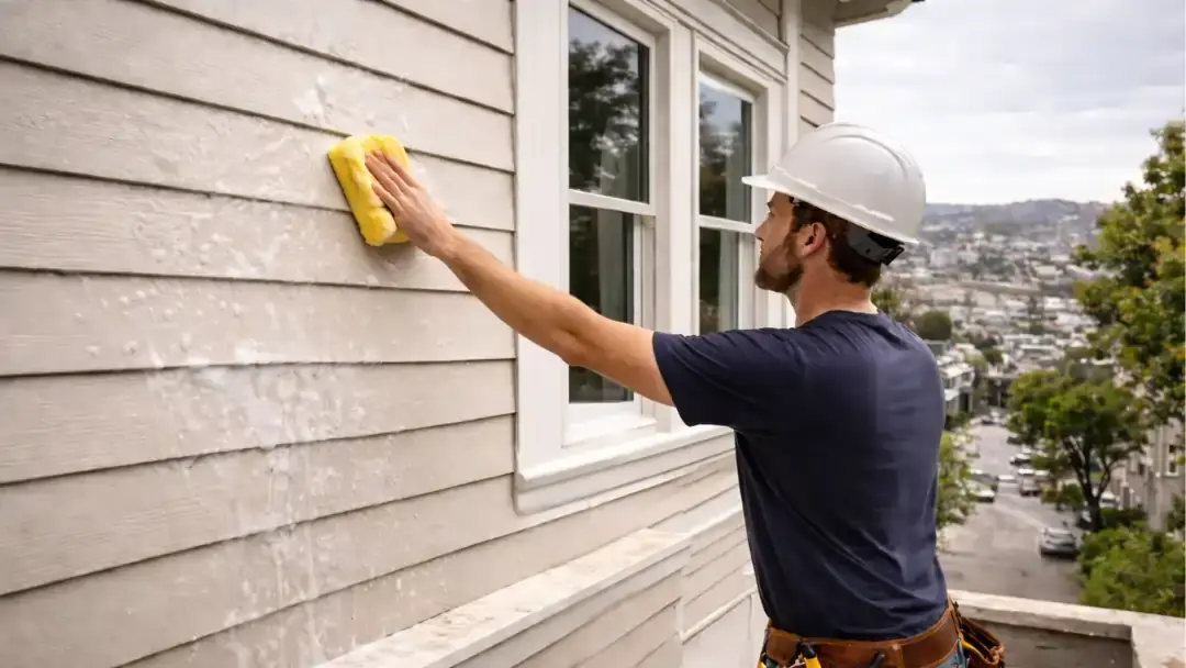 Contractor cleaning exterior siding on San Francisco home
