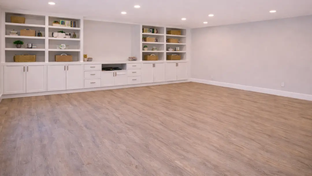 Basement with custom white built in cabinets, open shelving, and wood style flooring for organized storage and display