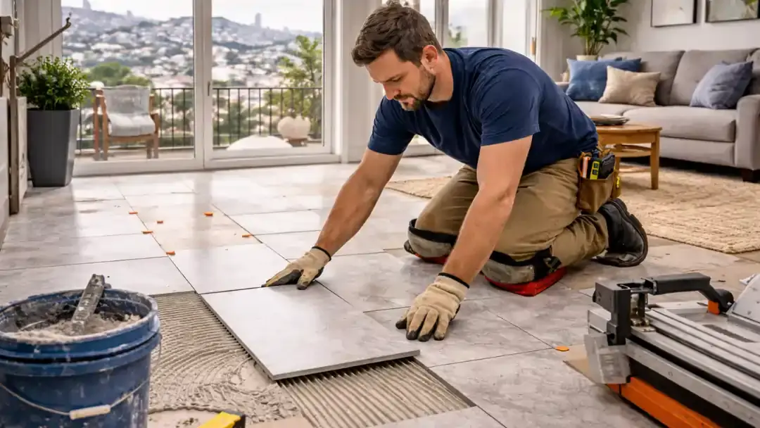 Professional tile installation in a modern bathroom with large format wall tiles and precise grout lines in a San Francisco home
