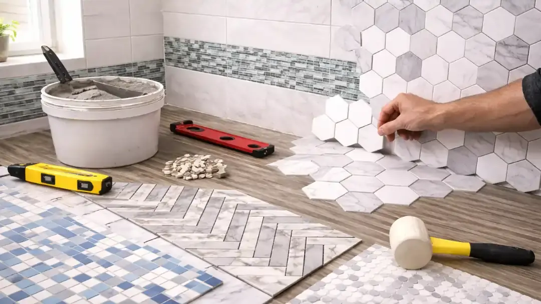 Installing custom hexagon and mosaic tile patterns