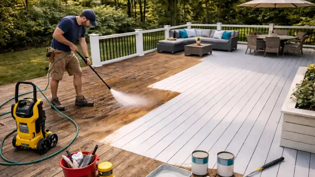 Contractor power washing and preparing residential deck