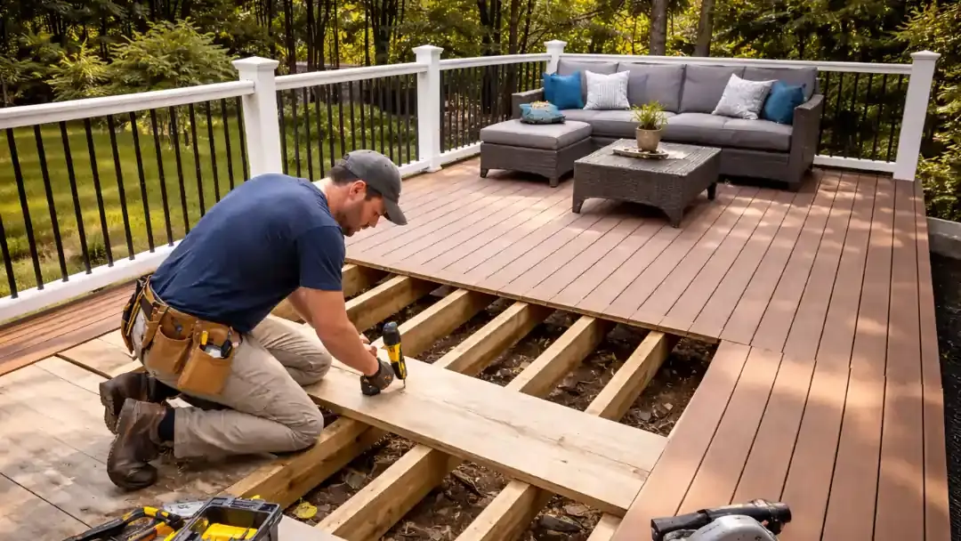 Contractor repairing and upgrading residential deck structure