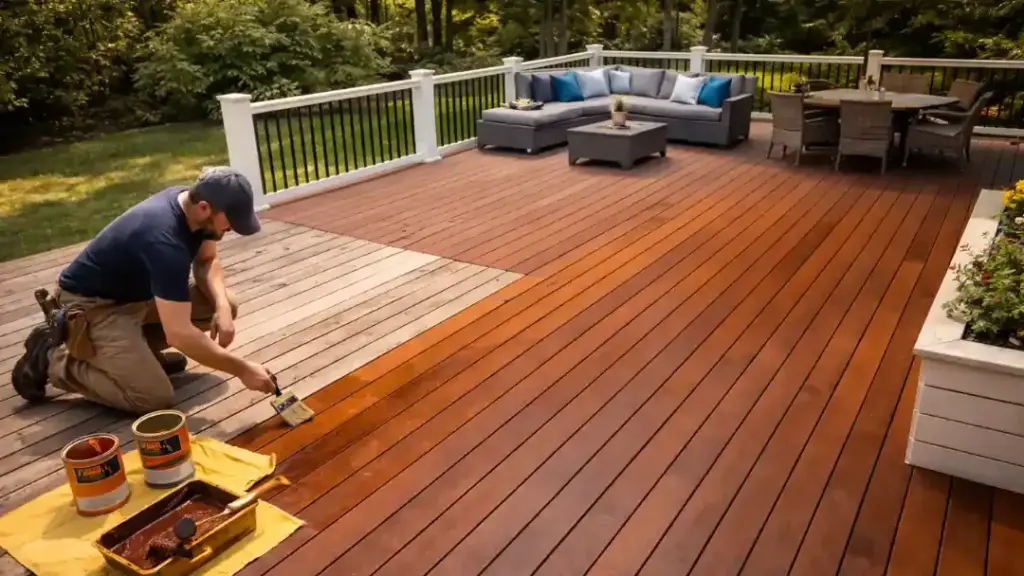 Contractor sealing and staining residential deck boards