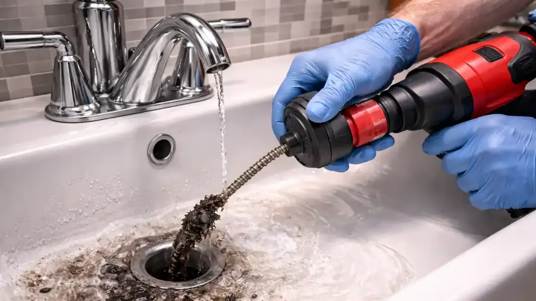 Plumber clearing clogged bathroom sink drain