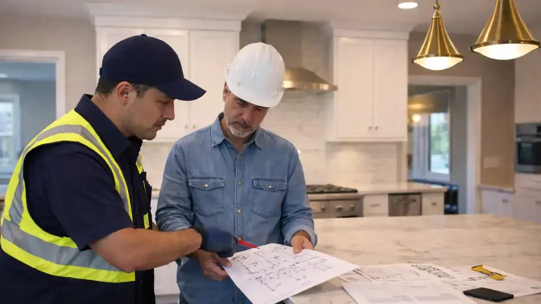 Electrician reviewing electrical plans with contractor in kitchen
