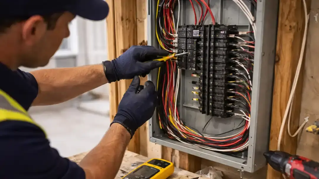 Electrician working on residential electrical panel wiring