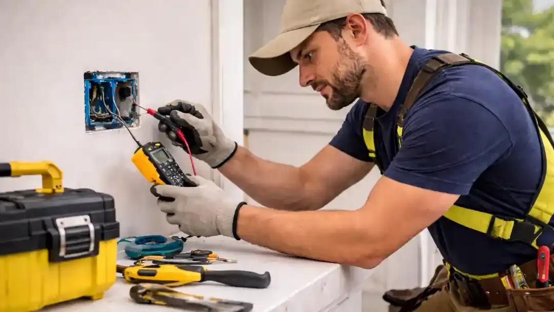 Licensed electrician testing wall outlet wiring with multimeter