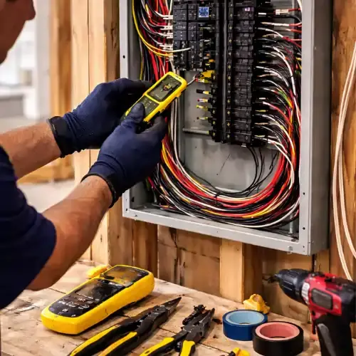 Electrician testing residential electrical panel wiring