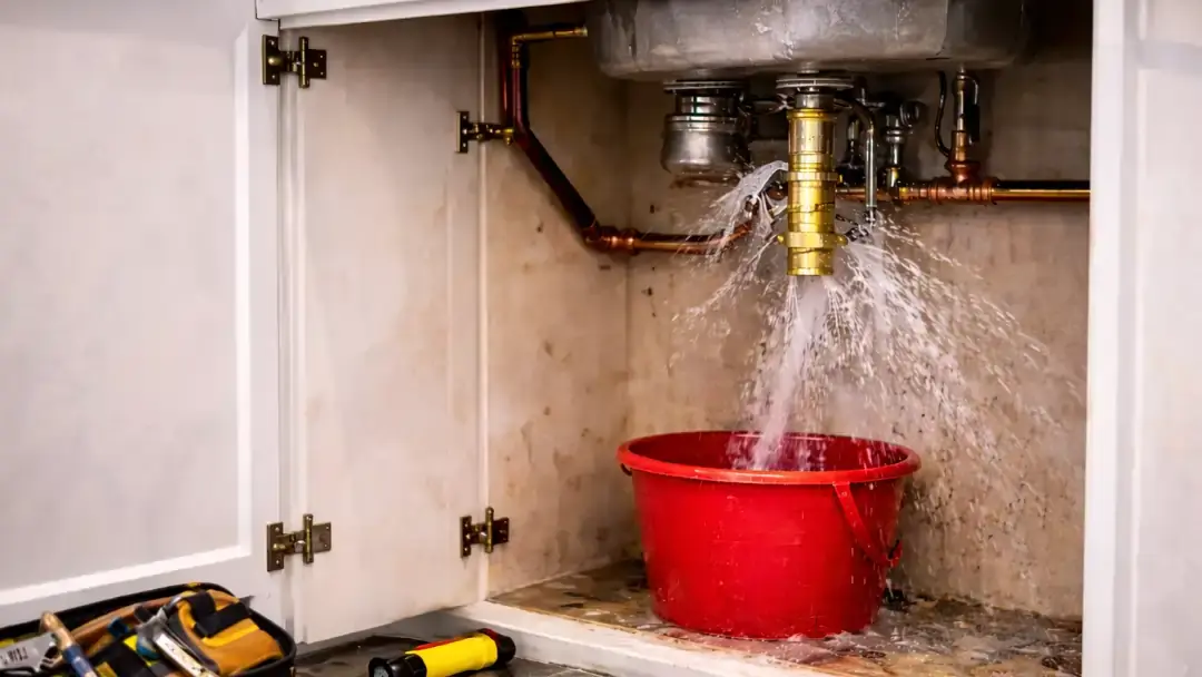 Burst pipe leaking water under kitchen sink