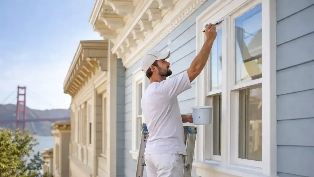 Painter applying fresh exterior paint to window trim on a coastal home with bay views in the background