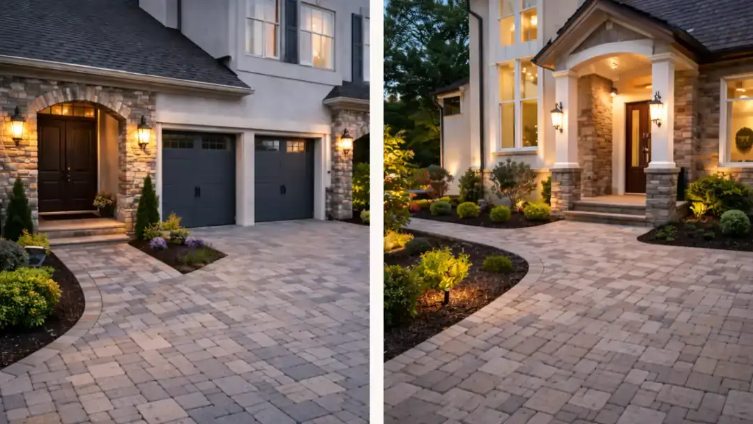 Updated home exterior with stone accents, landscaped front yard, and newly installed paver driveway leading to garage