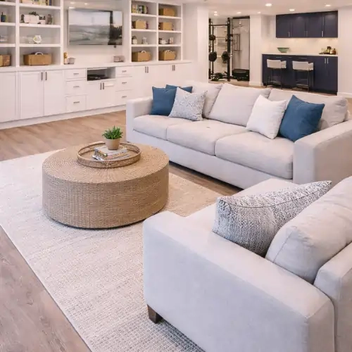 Bright finished basement with built in white cabinets, sectional sofa, round coffee table, and wood style flooring
