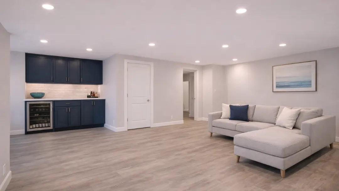 Finished basement with recessed ceiling lights, light wood style flooring, navy built in cabinets, and a modern sectional sofa