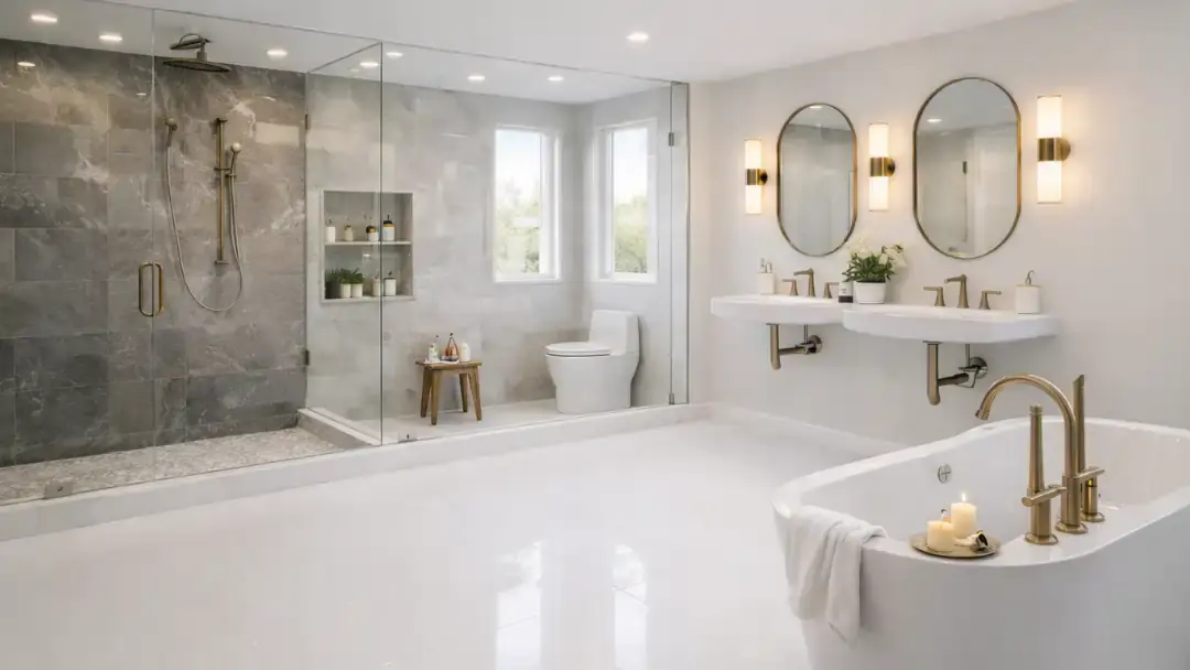 Complete bathroom renovation in San Francisco featuring walk-in glass shower, freestanding tub, double vanity, and modern lighting