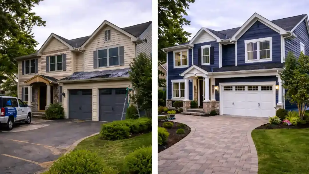 Before and after view of a full home exterior renovation with updated siding, entryway, garage doors, and landscaped driveway