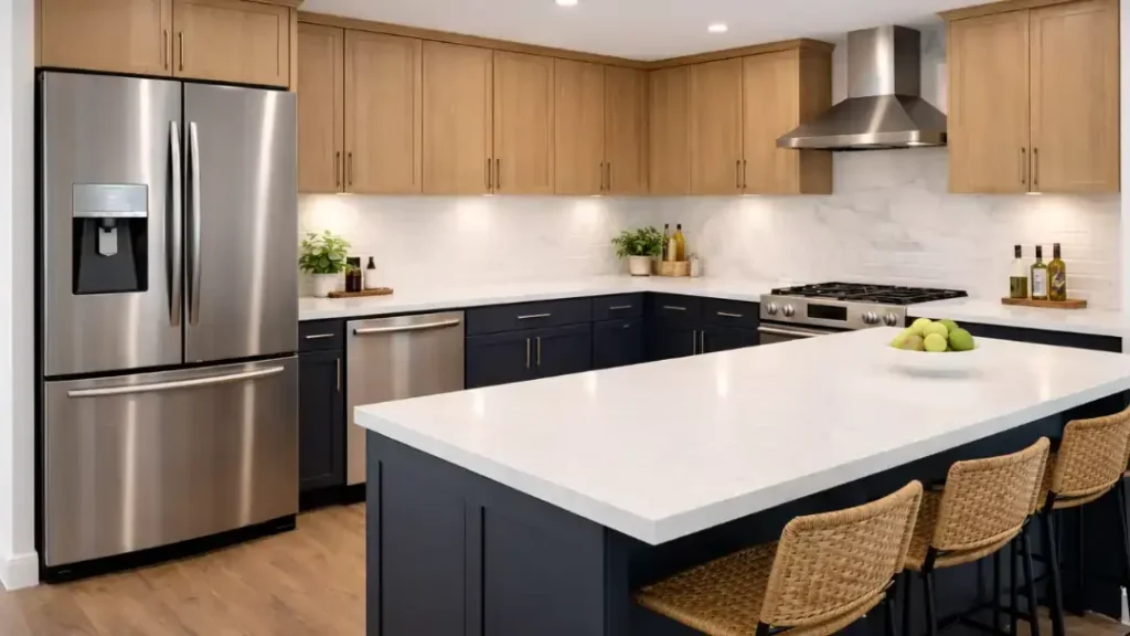 Modern kitchen renovation with two tone cabinets, large white quartz island, and stainless steel appliances