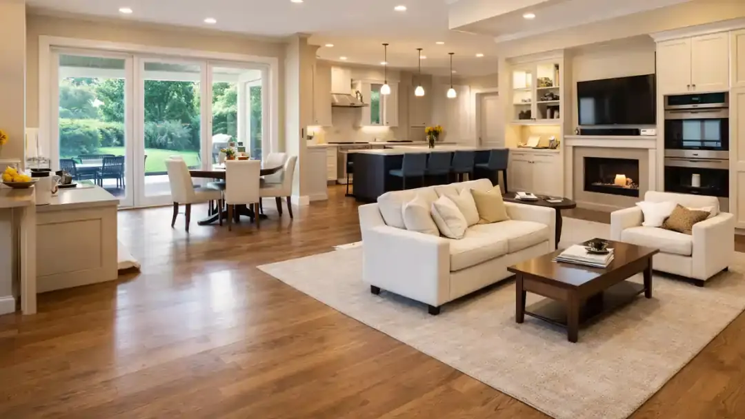 Open-concept general home remodeling in San Francisco featuring a modern living room, hardwood flooring, and a custom kitchen with recessed lighting.