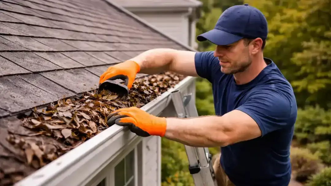 Contractor removing debris from residential gutter