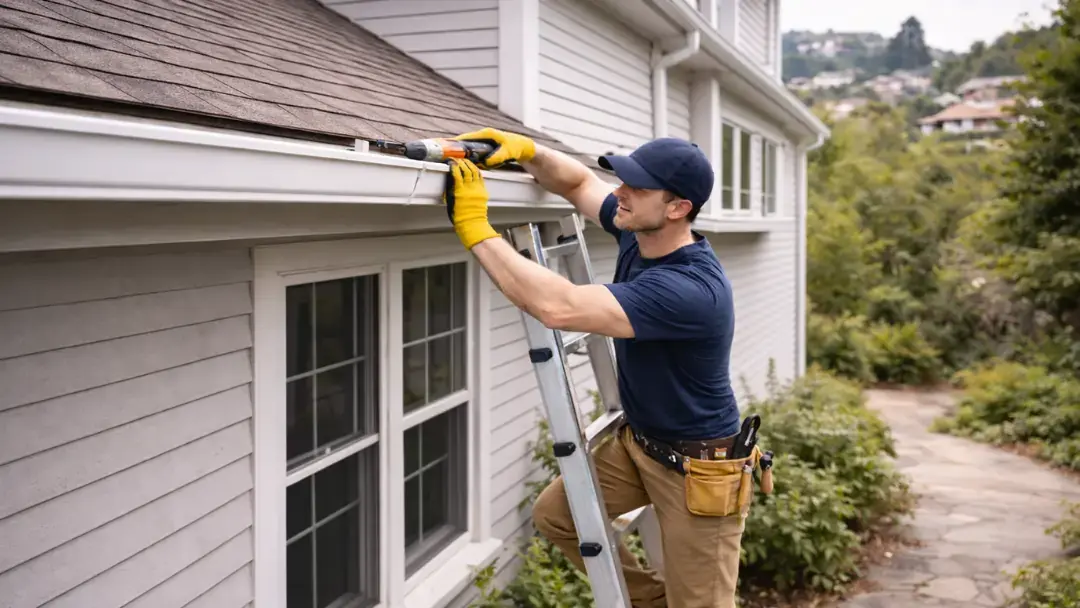 Contractor installing new gutter system on home