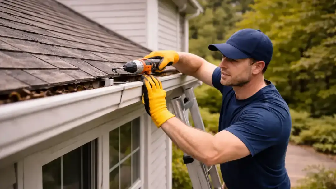 Contractor repairing loose gutter bracket on home