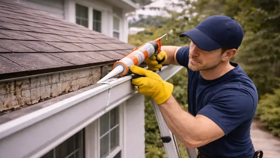 Contractor applying sealant to gutter joint