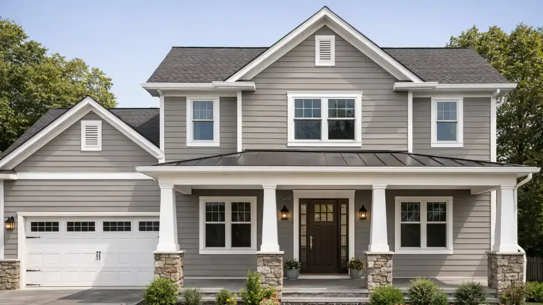 Newly remodeled home exterior with modern siding, covered front porch, stone columns, and updated landscaping