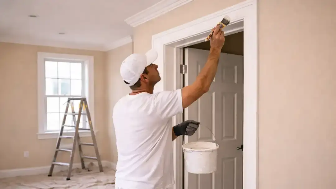 Painter applying trim paint inside residential home