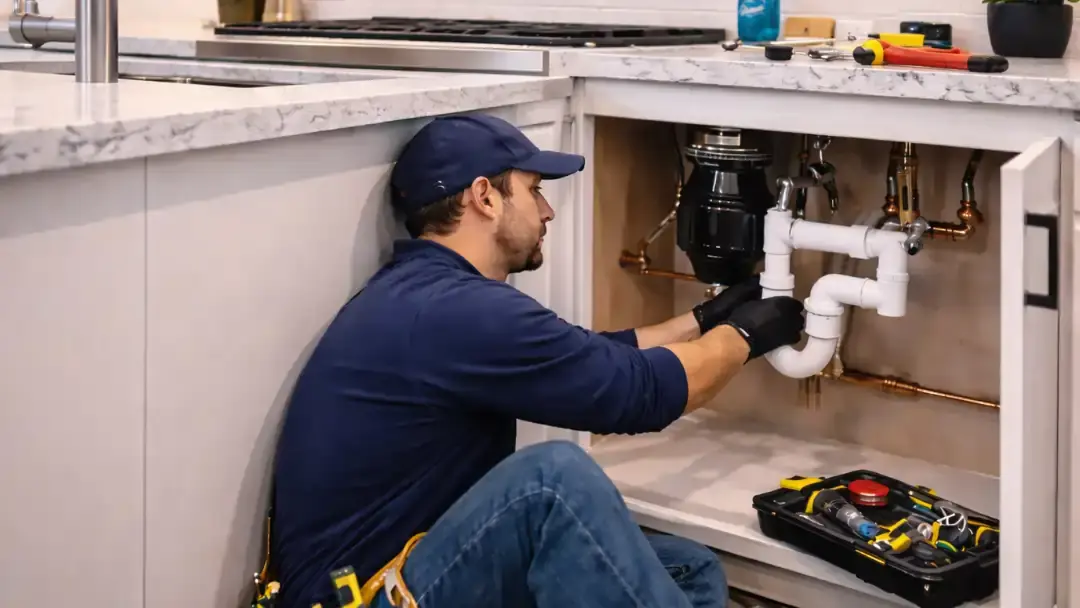 Plumber repairing kitchen sink pipe under cabinet