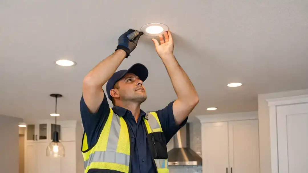 Contractor installing recessed ceiling light in kitchen