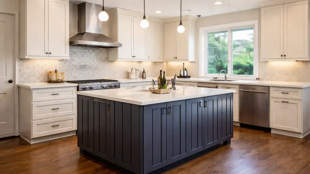 Modern kitchen remodel in San Francisco featuring a dark navy blue center island with white quartz countertops, custom white cabinetry, and a brick tile backsplash