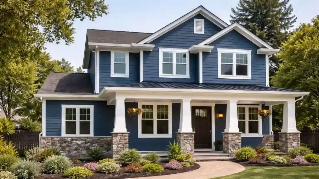 Blue two-story home exterior renovation with white trim, stone columns, covered porch, and professional landscaping