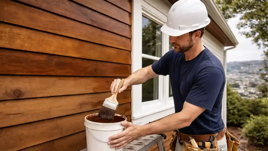 Contractor dipping brush into paint for exterior siding