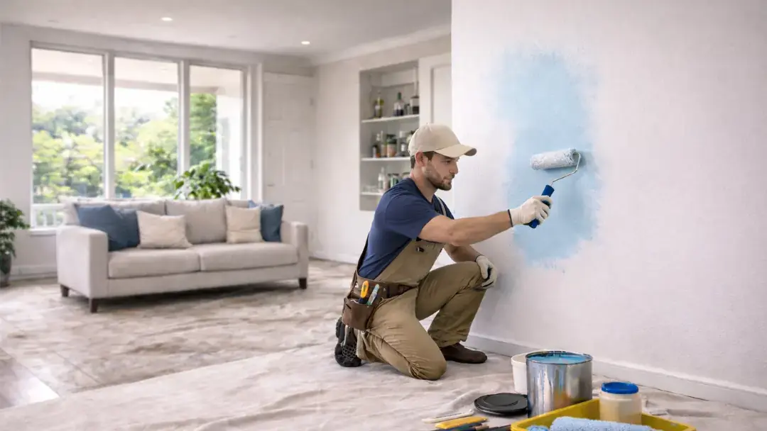 Professional painter applying blue paint to interior wall in San Francisco home