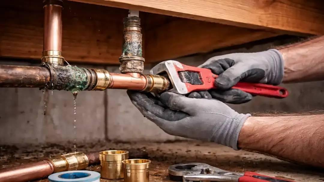 Leaking copper pipe being repaired under home floor
