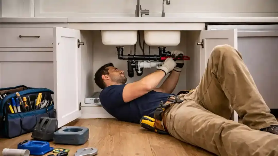 Licensed plumber repairing kitchen sink pipes under cabinet in San Francisco home