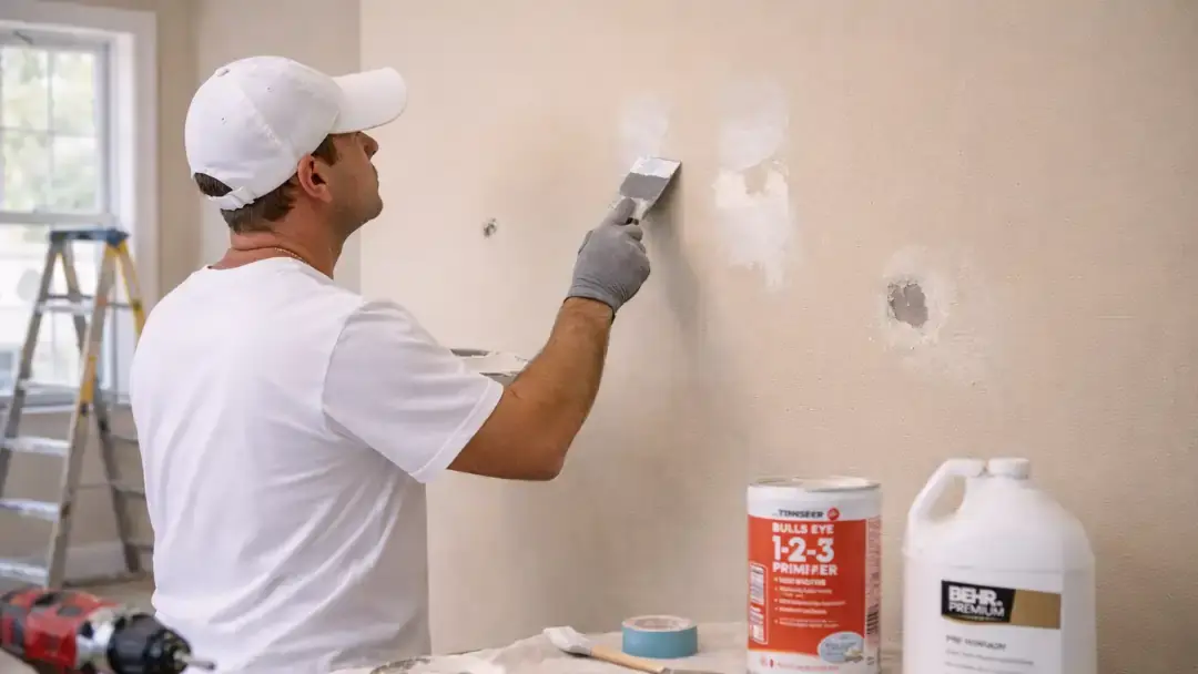 Worker patching and sanding interior wall before painting