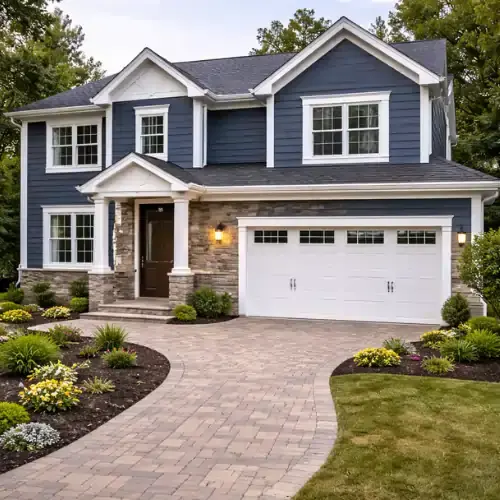 Recently remodeled two story home with updated blue siding, white trim, stone accents, and a newly paved driveway