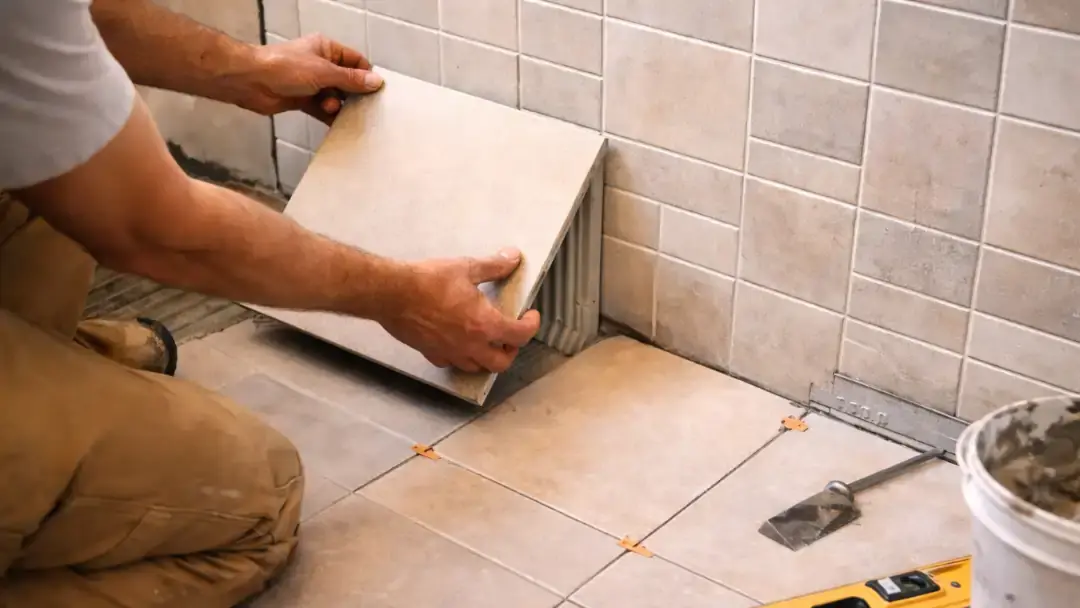 Contractor installing ceramic tile on residential floor