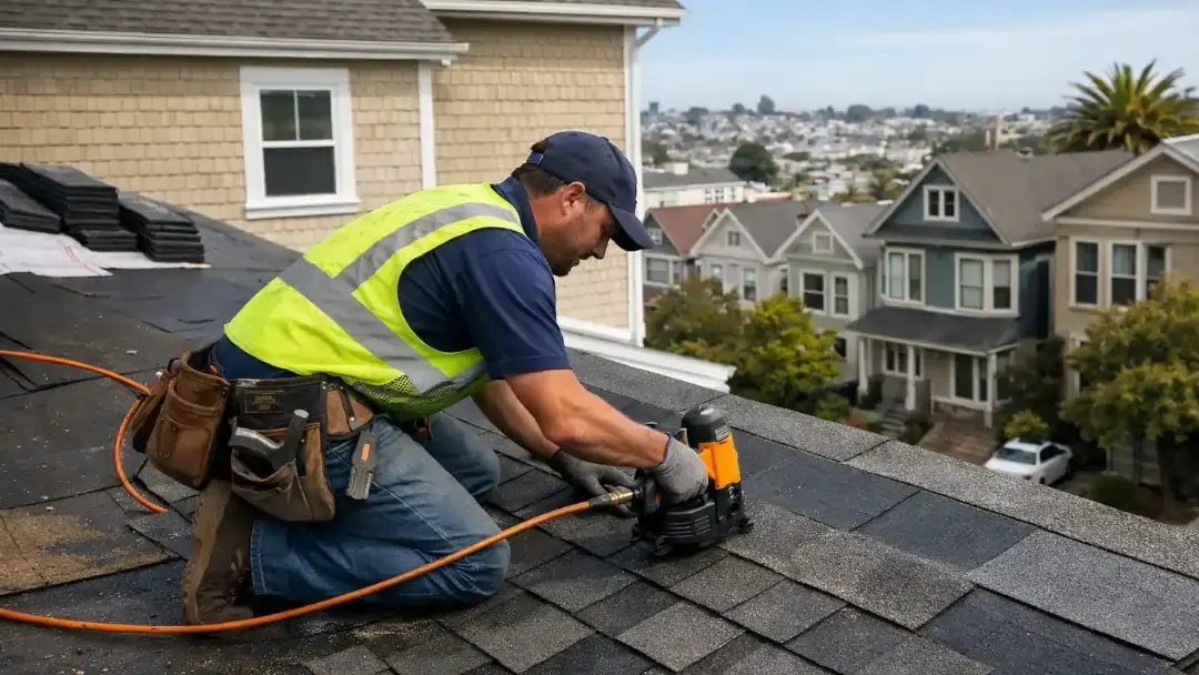 Contractor installing asphalt shingles on San Francisco home roof