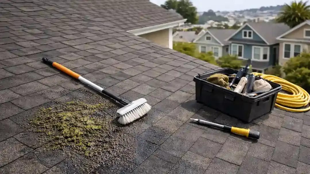 Residential roof cleaning and maintenance tools on shingles