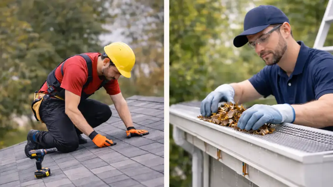 Contractor inspecting roof shingles while another worker removes leaves from a rain gutter during exterior maintenance