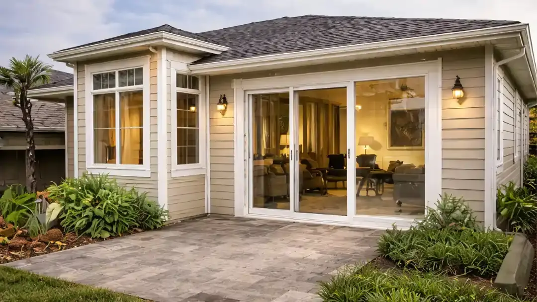 A professional residential room addition in San Francisco featuring a new sunroom extension with large windows, sliding glass doors, and a stone patio.
